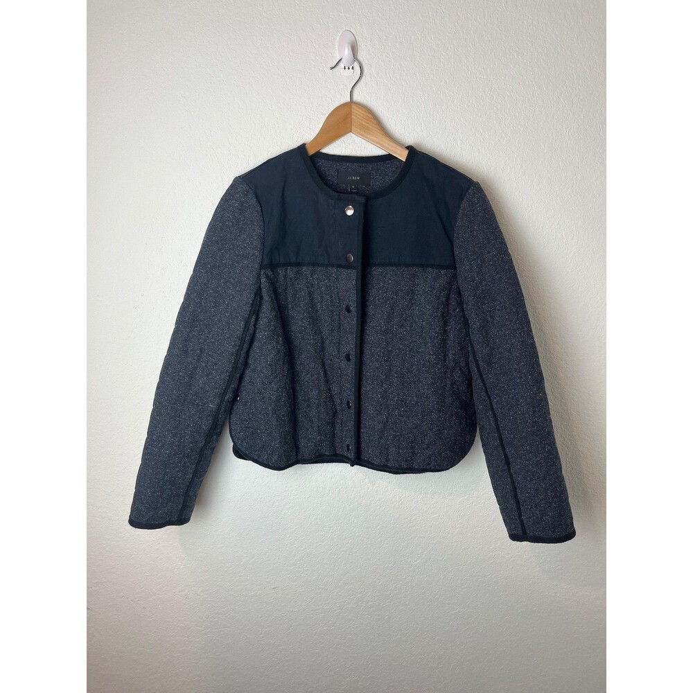 J.Crew Jacket Womens 12 Gray Black Herringbone Quilted Collarless Snap Zip Tweed